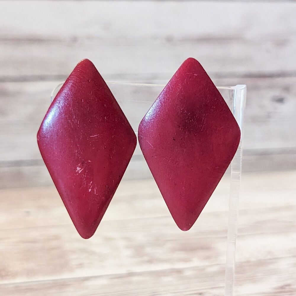 Vintage Clip On Earrings - 2 & 1/8" Red Diamond Shape - Marks and Paint Wear